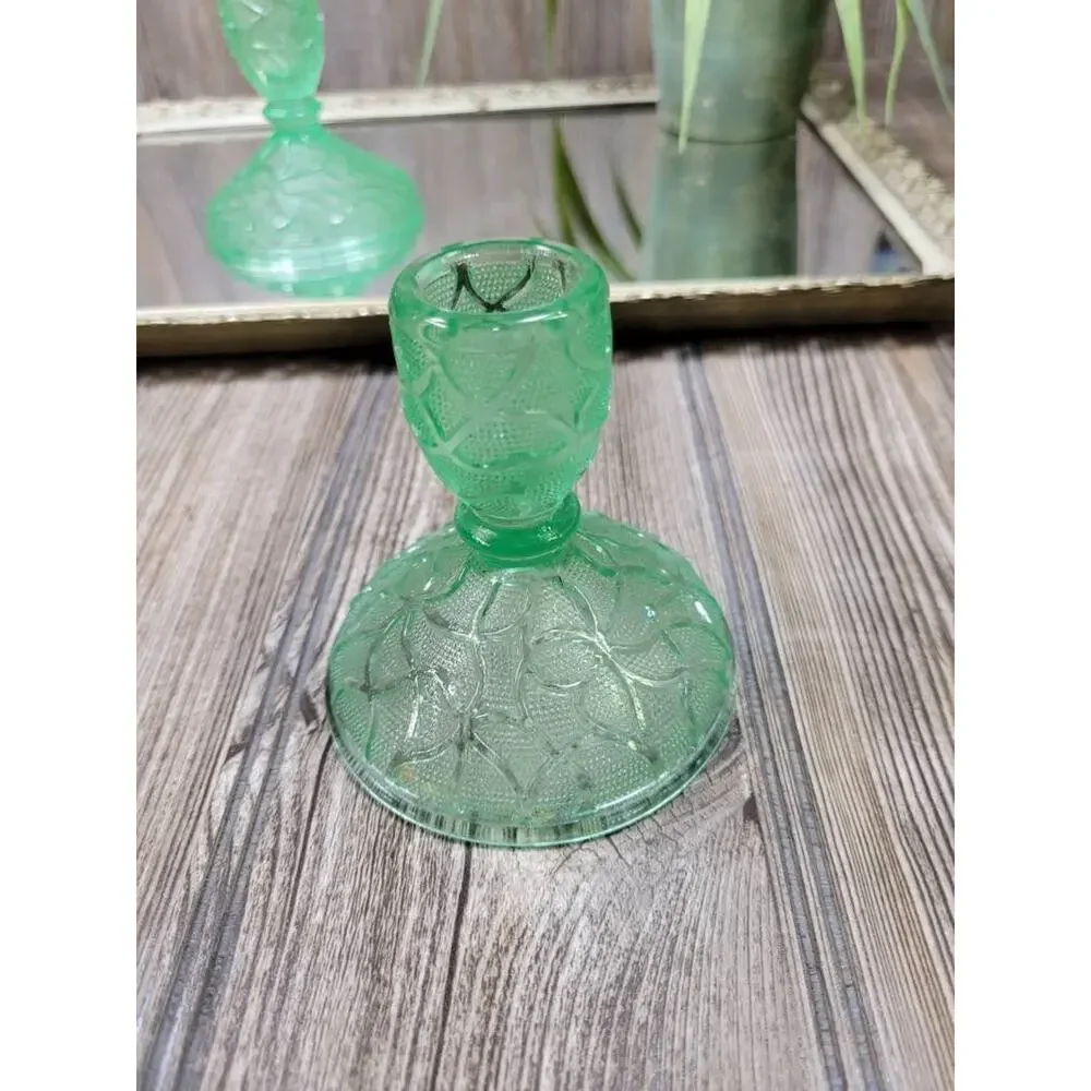 Vintage Imperial Green Crackle Uranium Glass Candlestick Holders Art Deco Pair